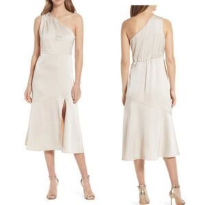 $128.00 Sam Edelman One-Shoulder Satin Midi Dress, Beige, size 8